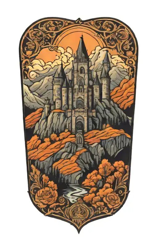 Gothic Medieval castle overlooking mountains tattoo design idea