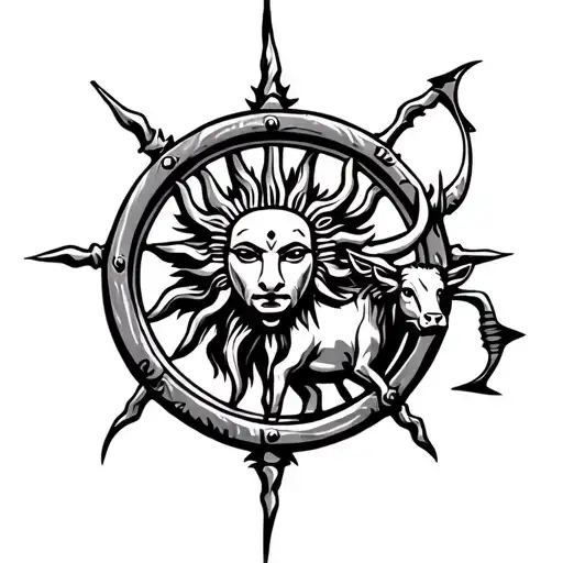 karna sun, chariot wheel, bull, bow and arrow inside a sheild  tattoo design idea