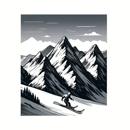 3  mountain peaks with a skier tattoo design idea