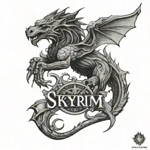 Skyrim logo shoulder tattoo with the following names written in dragonscript Sarah, Alex and Rory tattoo design idea