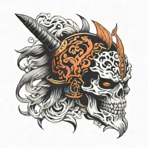 Shura flame skull samurai helmet and oni face in front position tattoo design idea