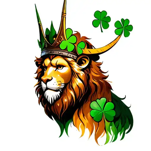 Viking lion with four leaf clover crown and Uruz, Algiz, Gibu Auja tattoo tattoo design idea