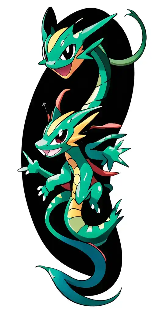 Pokemon Mew battling Pokemon Rayquaza with vibrant colors in the sky  tattoo design idea