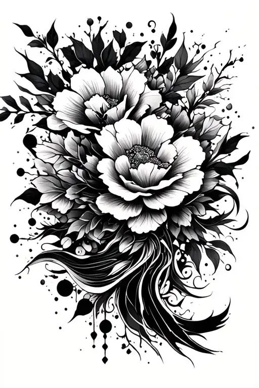 blackwork, trash polka and abstract style, full arm, floral designs, but many, Japan samurai culture. tattoo design idea