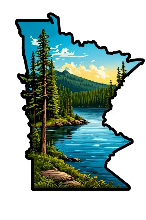 state of Minnesota outline with wilderness lake scene tattoo design idea