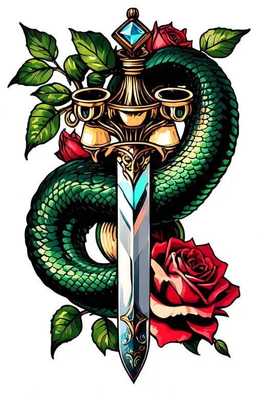 snake, dagger, roses, chandelier type 'gems' hanging tattoo design idea