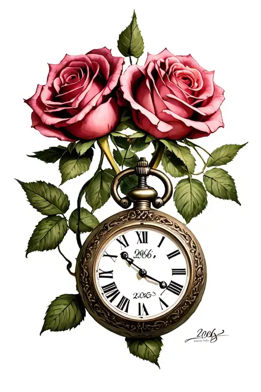 4 huge roses, a small ancient pocket watch, 2006 in Roman numerals tattoo design idea