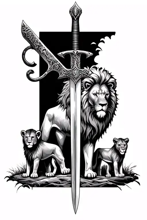 Viking sword going down back with lion and lioness and cubs tattoo design idea