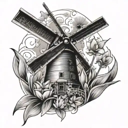 Dutch windmill tulips butterflies tattoo design idea