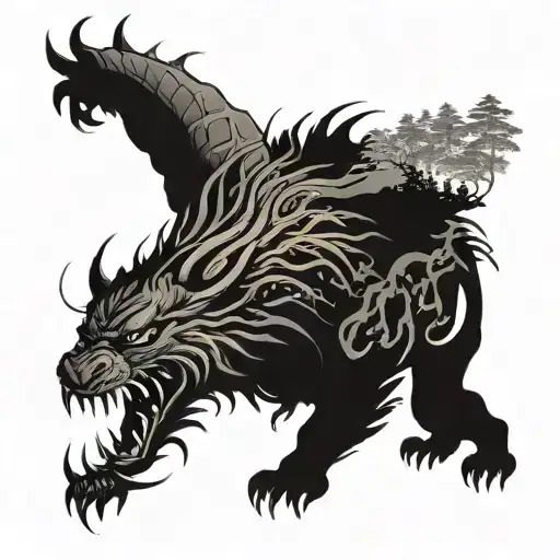 Samurai Dragon Tiger Forest and Mountain Landscape tattoo design idea