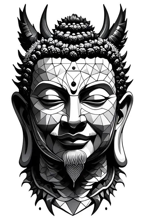 fine line budda face with geometric shapes with a brushed dragon included  tattoo design idea