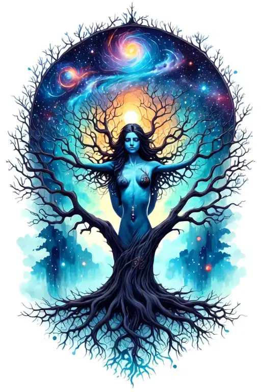 cosmic woman tree of life design with branches reaching towards the galaxies and roots delving deep into   mystery  tattoo design idea