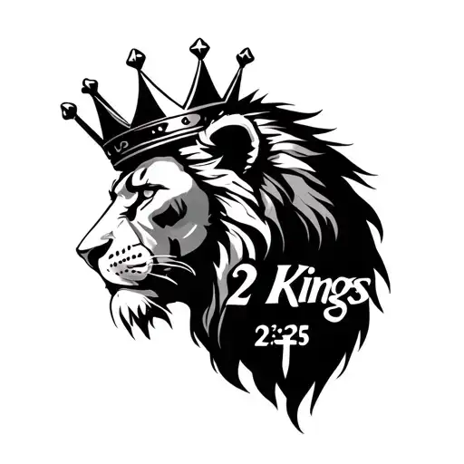 male lion side profile with crown with a nail cross faded into background of lion with the words " 2 Kings 23:25" tattoo design idea