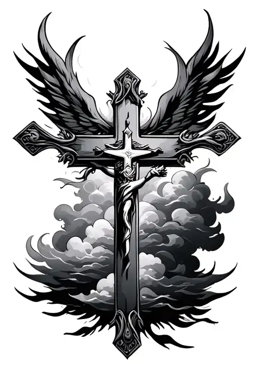 religious cross with clouds behind  tattoo design idea