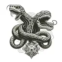 snake from skeleton, abstract, mechanic, industrial, cyberpunk, snake slithers through mechanic tattoo design idea