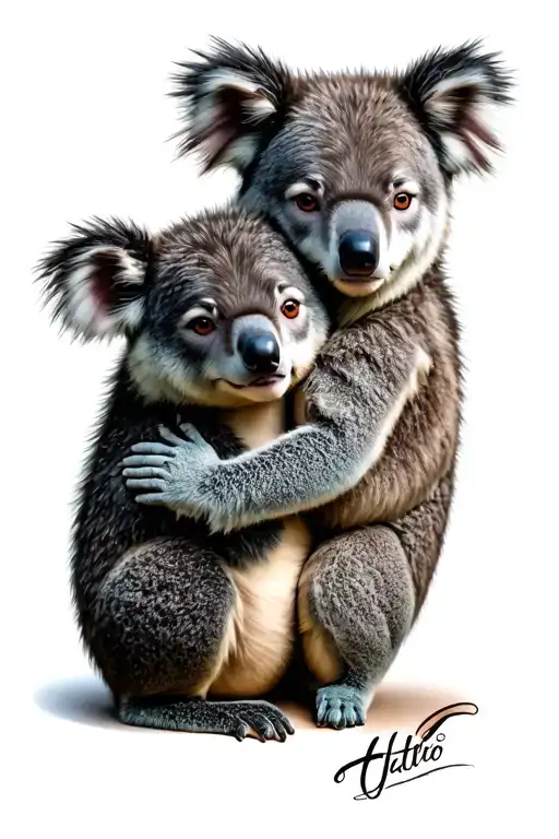 wolf pup and a koala hug each other tattoo design idea