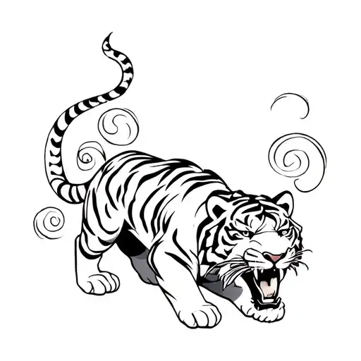 Japanese tiger crawling and roaring with head at bottom and  intricate swirls surrounding the tiger.   tattoo design idea
