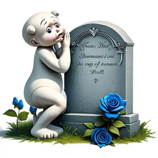 Pillsbury dough boy on his knees next to a gravestone sobbing with his hands on his face with a blue rose at the base tattoo design idea