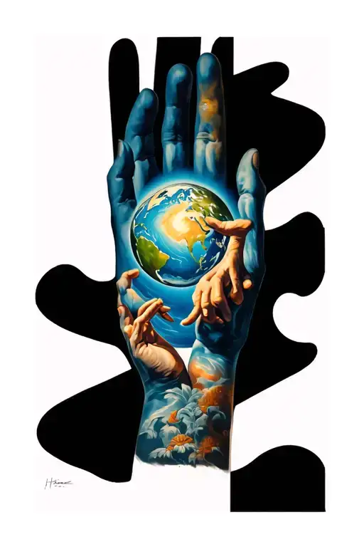 Can you take inspiration from the 2 hands of painting bearing the name "The creation of the world" in an old school style tattoo design idea