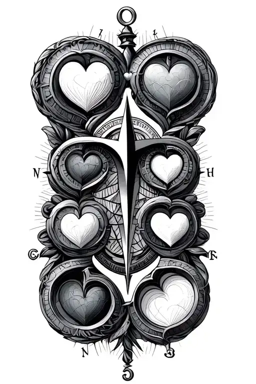 An old compass, three hearts, the number 0491, the number 460810, greek meander pattern. tattoo design idea
