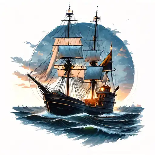 ship and light house surrounded tattoo design idea