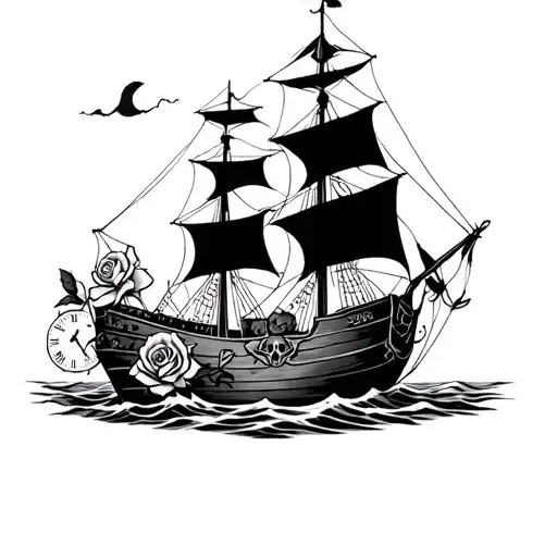 skulls, roses, pirate ship, time piece incorporating elements tattoo design idea