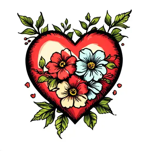 Traditional sailor jerry heart with flowers tattoo design idea
