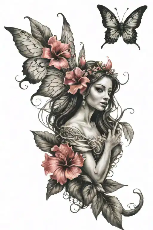 fairy with hibiscus flower tattoo design idea