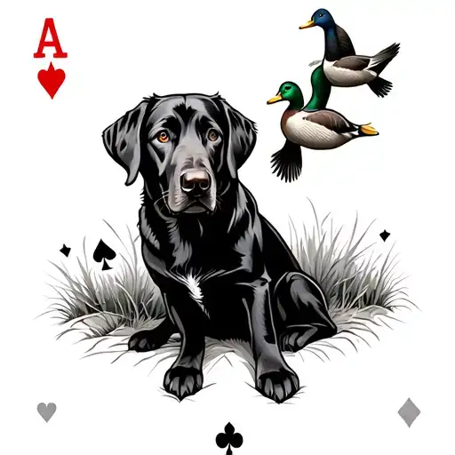 Black lab sitting with ducks overhead, four aces cards with Western bullet holes in front of the dog tattoo design idea