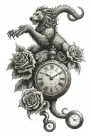 Lion with crown, angry dragon, cat lying on clock, hand reaching for treasure, rose with thorns tattoo design idea