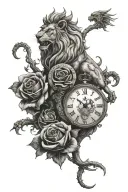 Lion with crown, angry dragon, cat lying on clock, hand reaching for treasure, rose with thorns tattoo design idea