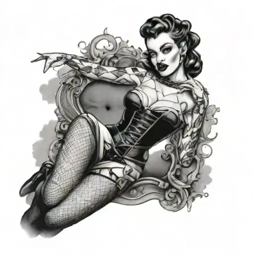 Gothic photo realistic pinup girl wearing corset and fishnets bitten by vampire tattoo design idea