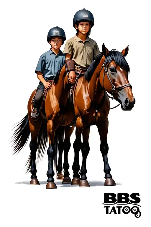 BBS female, 1 3 year old boy standing right and 1 6 year old boy on the left. The 2 in helmets Close type horses tattoo design idea