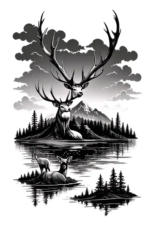 mountains, trees, deer antlers, dark forest, water, clouds tattoo design idea