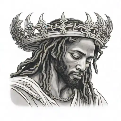 black jesus praying hands wearing a crown with dreads on his head  tattoo design idea