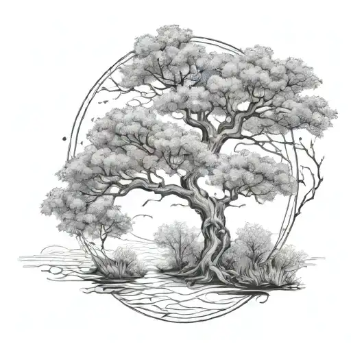 A serene forest scene with a hidden therapy symbol intertwined with the branches of an olive tree tattoo design idea