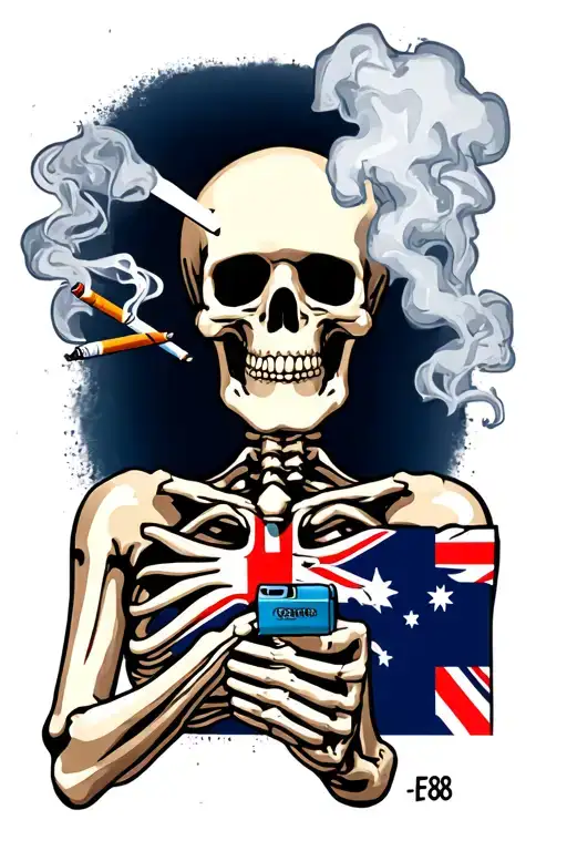 Skeleton smoking cigarettes wearing body chest plate holding ef88 styler against chest with a viable Australia flag patc tattoo design idea