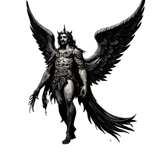 archangel azrael with thousands black wings, arms, tongues, and many eyes in each wings tattoo design idea