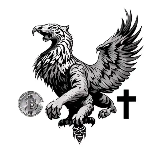 A powerful eagle and a roaring tiger, symbol of computer science in the eagle claw, Christian cross and bitcoin tattoo design idea