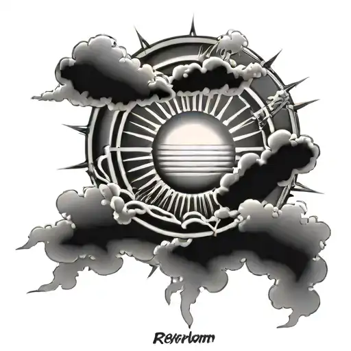 rising sun with rays and clouds tattoo design idea