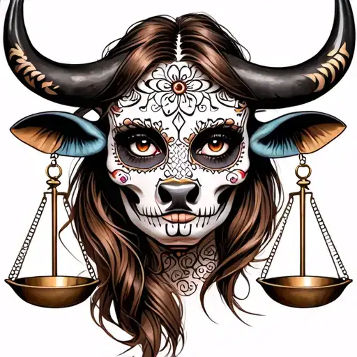 woman bull with sugar skull markings, brown eyes, brown hair and two Libra scales.  tattoo design idea