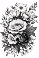 arrangement of carnations, snowdrops, roses, honeysuckles, water lily, larkspur, gladiator, poppy, holly, and narcissus tattoo design idea
