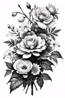 arrangement of carnations, snowdrops, roses, honeysuckles, water lily, larkspur, gladiator, poppy, holly, and narcissus tattoo design idea