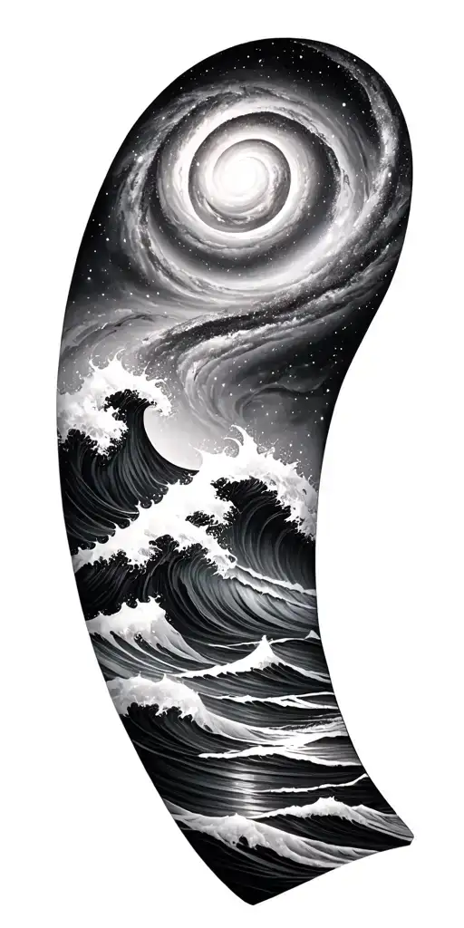 Black and grey sleeve: spiral galaxy above ocean waves, smooth transition, elegant and dark realism. tattoo design idea