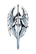 female warrior's st michael sword with simple beauty detail, in front of warriors shield,wide spread angel wings behind tattoo design idea