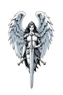 female warrior's st michael sword with simple beauty detail, in front of warriors shield,wide spread angel wings behind tattoo design idea