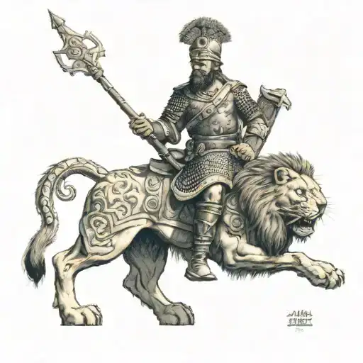 A Ukrainian Kozak Warrior with a Lion head roaring behinde him the warrior has a ukrainian Trizub tattoo design idea