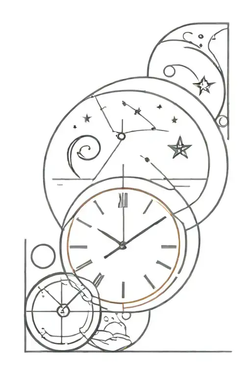 Clock with 12:00 AM as main focus. With the moon, the sun and the earth, with a small capricorn sign tattoo design idea