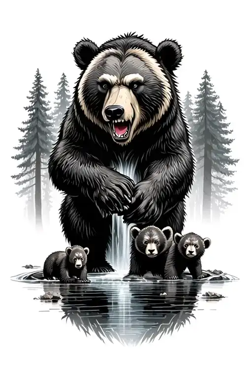 angry bear with two cubs in forest with waterfall cascading tattoo design idea