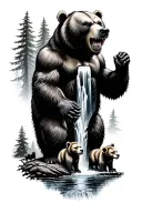 angry bear with two cubs in forest with waterfall cascading tattoo design idea